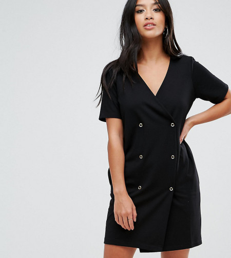ASOS Petite: ASOS PETITE - Smoking-Kleid mit Druckknöpfen und plissierter Rückseite - Schwarz