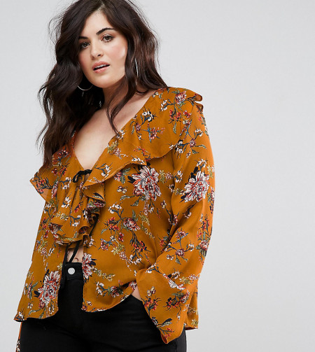 Missguided Plus - Bluse mit Blumenprint und Rüschen vorne - Gelb
