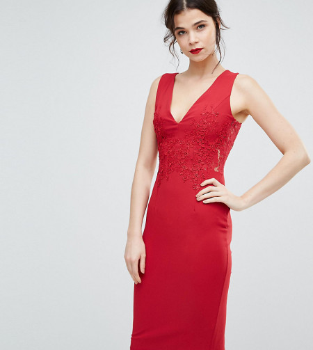 Little Mistress Tall - Figurbetontes Kleid mit tiefem Ausschnitt und Spitzenapplikation - Rot